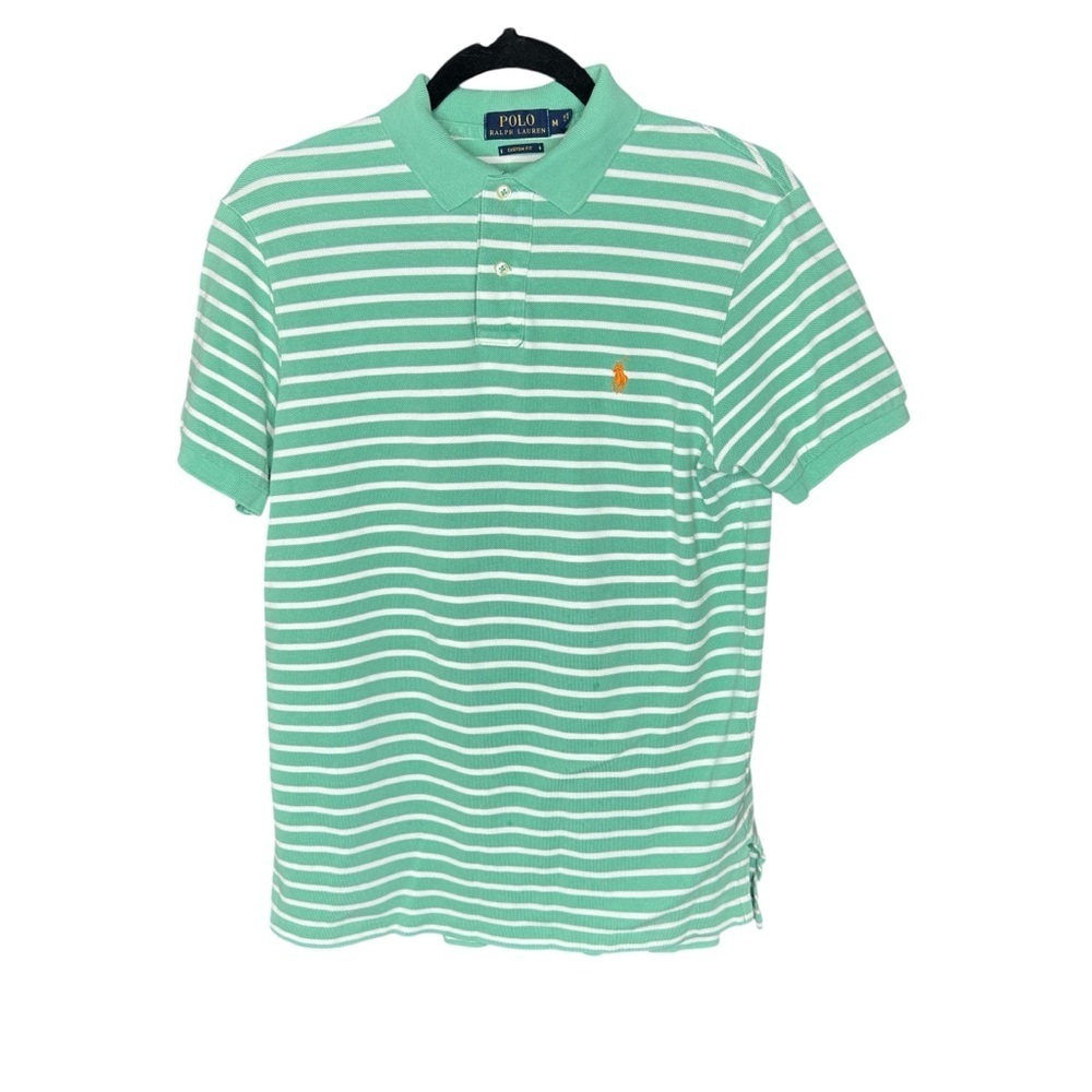 Polo Ralph Lauren Mens Medium Custom Fit Polo Shirt Green White Stripe Cotton